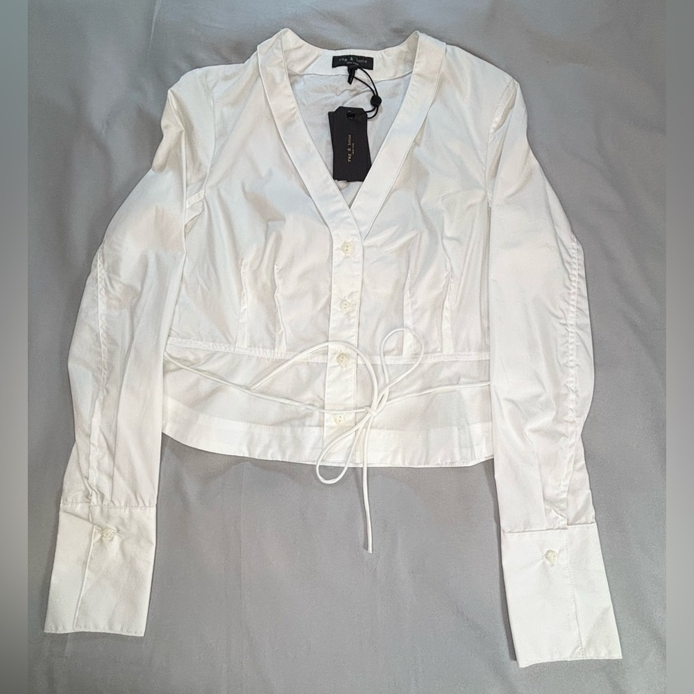 Rag & Bone Victorine Shirt Women’s Xxs White Front Tie Peplum‎